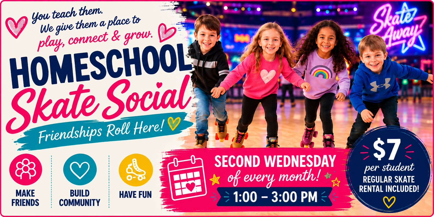 Homeschool Skate Social at Skate Away USA — second Wednesday of every month, 1:00–3:00 PM, $7 per student with regular skate rental included. A welcoming social skate for homeschool families.